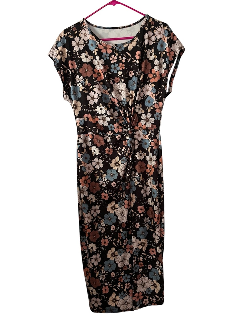SHEIN SzL Floral Twist Front Midi Dress, Black with Blue, Pink & White Blooms